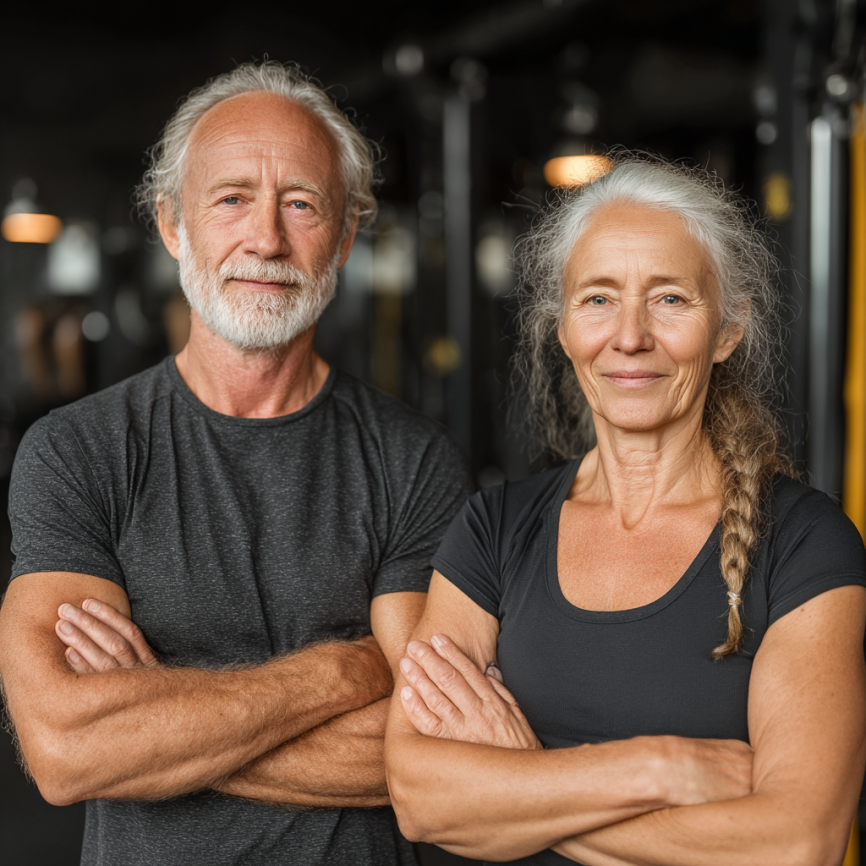 Seniori practicând exerciții de fitness adaptate